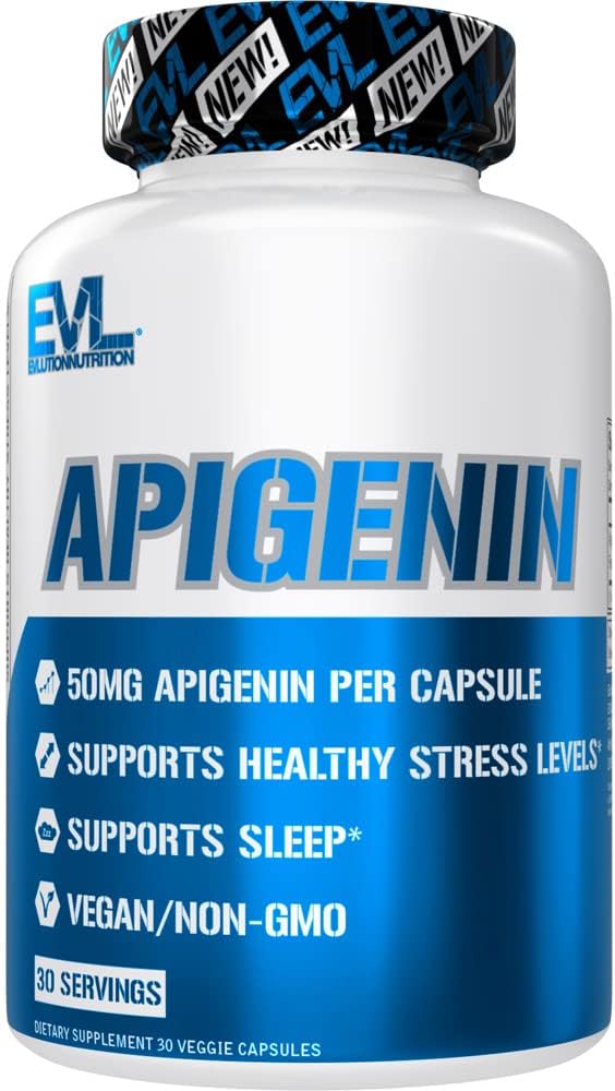 Evlution Pure Apigenin Supplement from Rumomile Extract - Relaxing Apigenin 50mg Bioflavonoid Stress and Mood Support Nutrition High Biodostępny Vegan Non-GMO Herbal Sleep Supplement