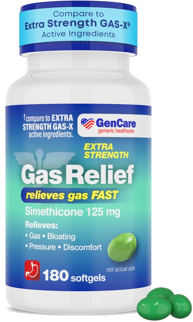 GenCare -Extra wytrzymałość Relief Gaz Simeticone 125mg (180 Softgels) Maksymalna wytrzymałość przeciwgazowe Pigułki do rozdmuchiwania Relief, Ciśnienie i dyskomfort - Porównaj do Generic Extra Strength Gas X