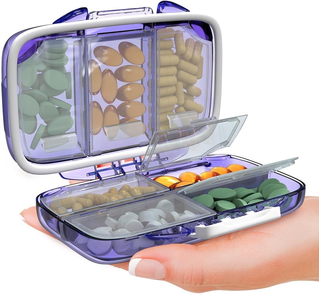 Travel Pill Organizator - Wilgotny Dowód Przenośny Witamina Holder z 7 Komory, Compact Supplement Case for Purse Essential Medicine Kit fot Traveling Pocket Pharmacy z etykietami, Purpurowy