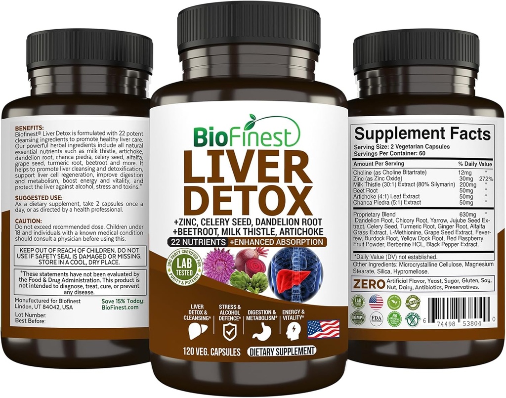 BioFinest Liver Detox Supplement - 22 Nutrigents Milk Thistle Artichock Celery Seed Chanca Piedra Beet Root Dandelion Turmeric Ginger - Alcohol Cleanse Energy Trawienie Metabolizm (120 Veg. Kapsułki)