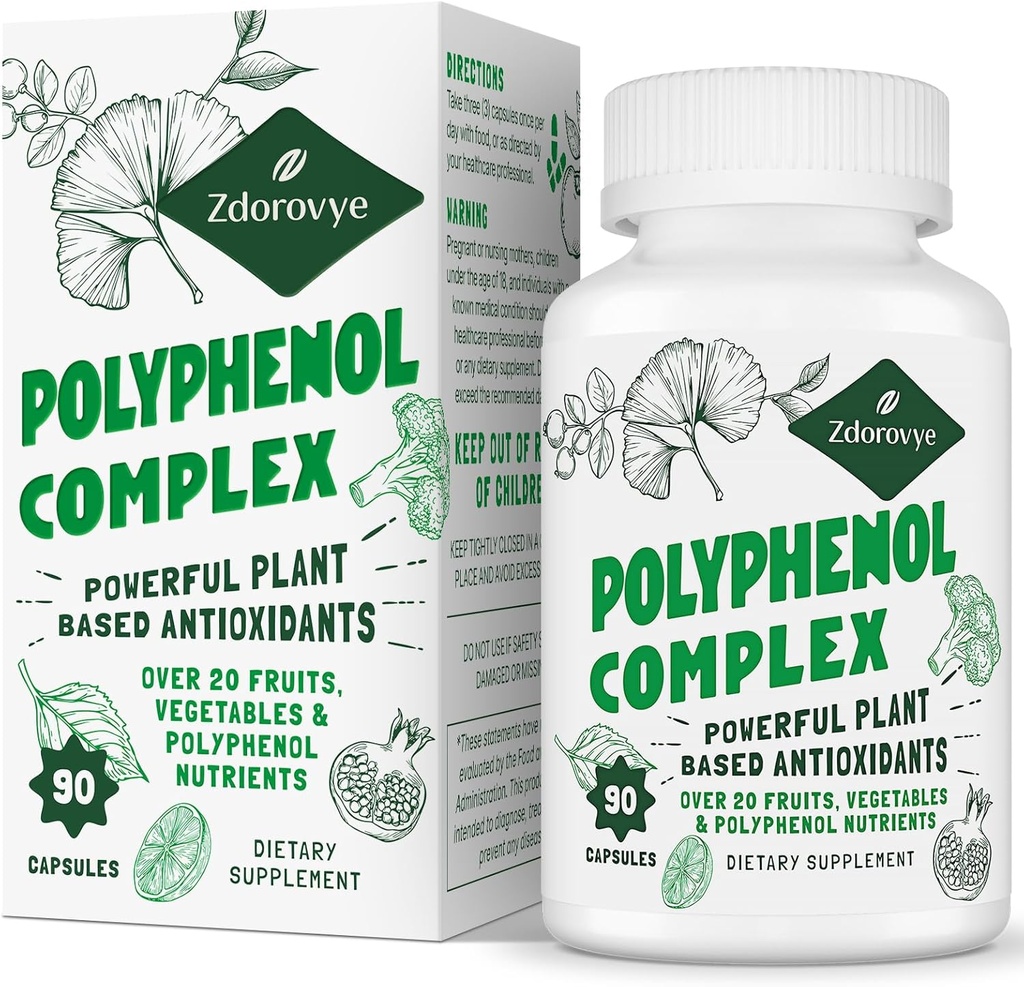 20- in-1 Suplement polifenoli ponad 20 Owoce, Warzywa i Polifenole, Potężne przeciwutleniacze, Quercetin, Resveratrol, Turmeric, Zielona herbata, Polifenole do obrony wieku, Energia i immunologiczne, 90 Kapsułki