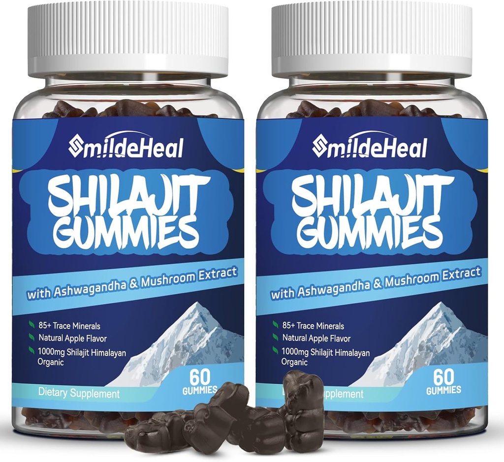 Shilajit Gummies 1000 MG, Organic Shilajit Supplement, 85 + Ślad Minerałów, z Ashwagandha, Grzyb - Energia, Mózg, Wsparcie odporności, dla mężczyzn i kobiet - 120 Hrabia
