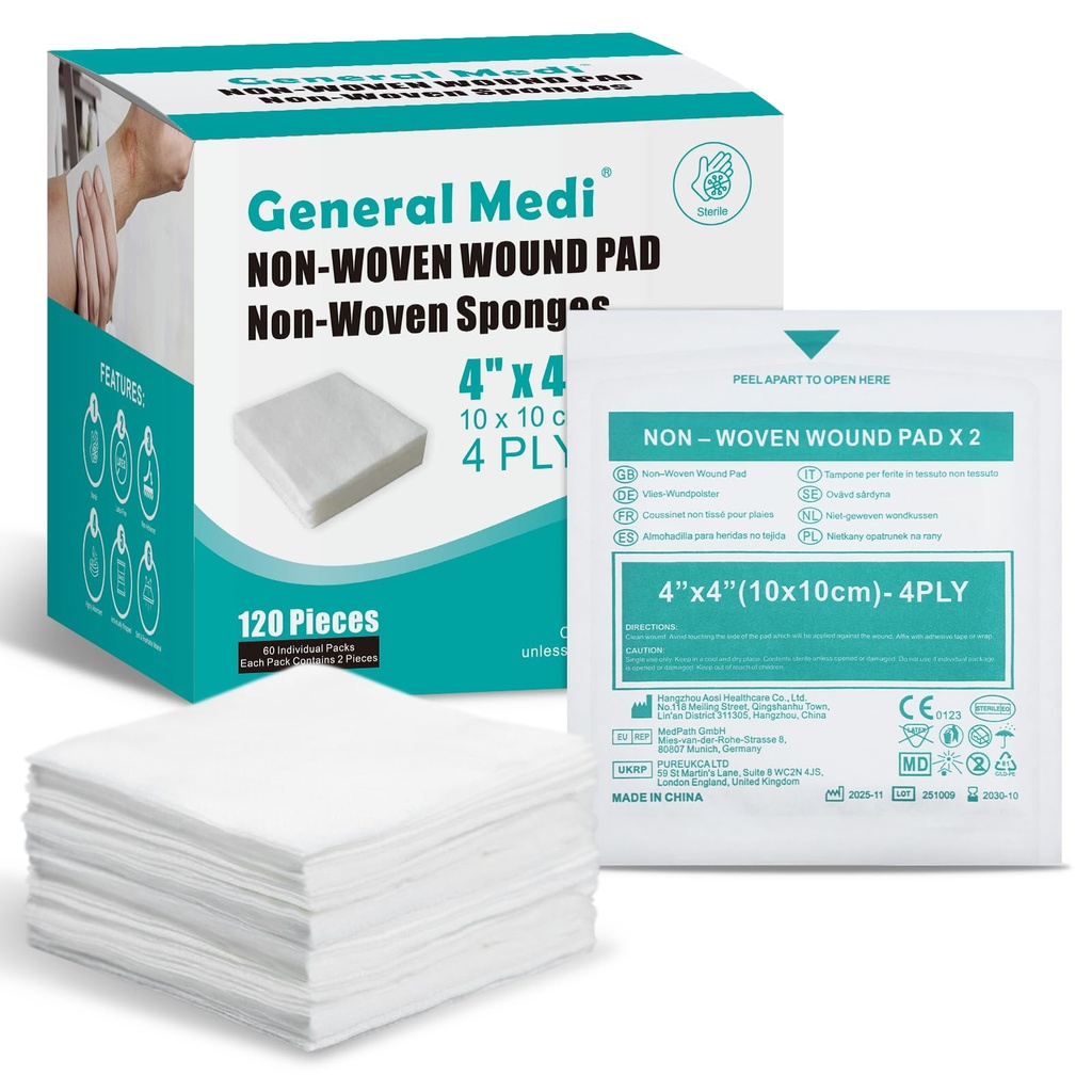 General Medi Steryle Gaze Sponges, 4 "x 4" Nietkane Pochodne rany - Indywidualnie owinięte Wysoko Absorbent Sponges Pad dla Cushioning Mniejsze rany, Cięcia i Oparzenia Pielęgnacja rany (60 Opakowania, 120 Kawałki Razem)