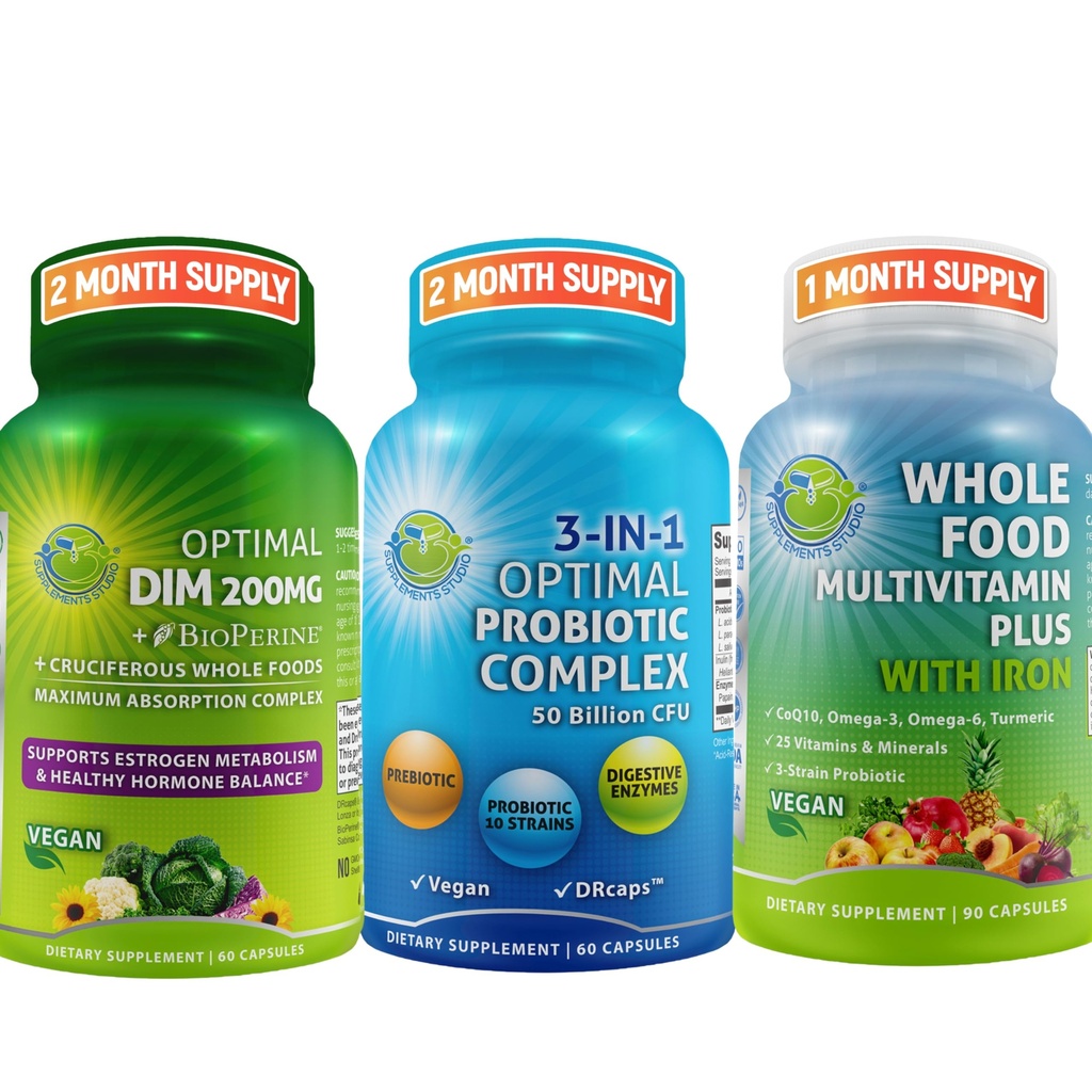 Hormonal Balance & Digestive Health Trio - DIM 200mg z BioPerine ® & Cruciferous Vegegies + 3- in-1 Probiotic z prebiotykiem i enzymami + Whole Food Multivitamin z żelazem - Wegan Wellness Support
