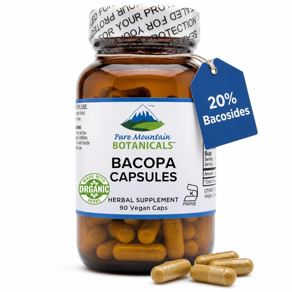 Pure Mountain Botanicals Bacopa Monnieri Kapsułki - Wegan Caps z organiczną Bacopa & Standaryzowane Bacopa Extract Supplement