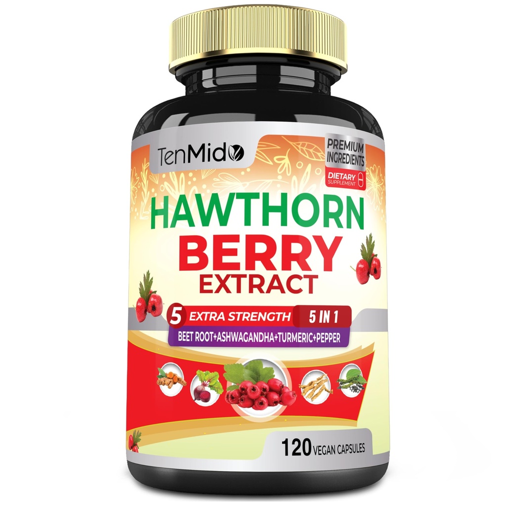 Hawthorn Berry Supplement Extract Kapsułki - 120 Kapsułek wegetariańskich na 4 miesiące - Połączony korzeń buraków, Ashwagandha, Kurkumina kurkumina i Pieprz czarny