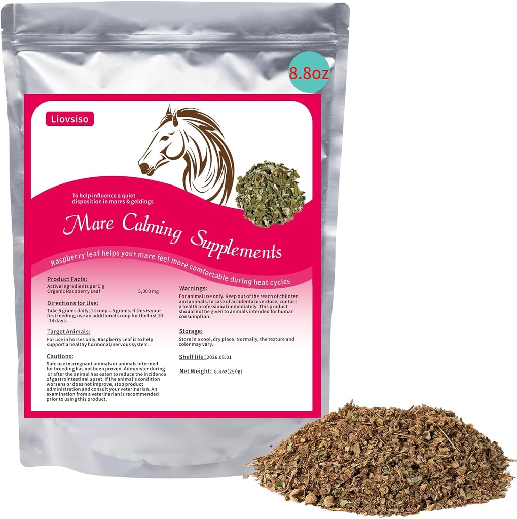 8.8 Oz Koń Calming Supplement - Natural Raspberry Leaf łagodzi lęk i dyskomfort w Moody Mares, Calms Podczas cyklu cieplnego - Nadaje się do Geldings zbyt