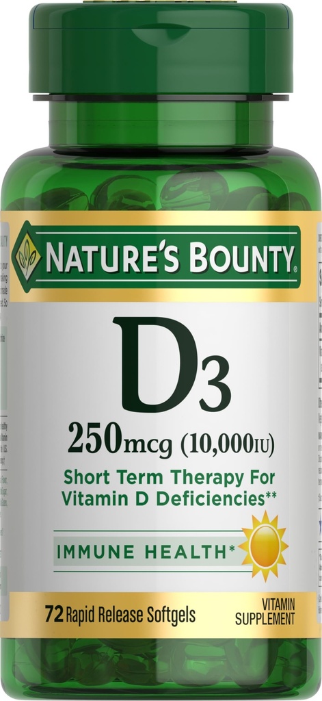 Nature 's Bounty Witamina D do wsparcia immunologicznego i promuje zdrowe kości, 10000j.m, Softgels, Multi- Color, 10.000 j. m., 72 Hrabia (Opakowanie po 1)