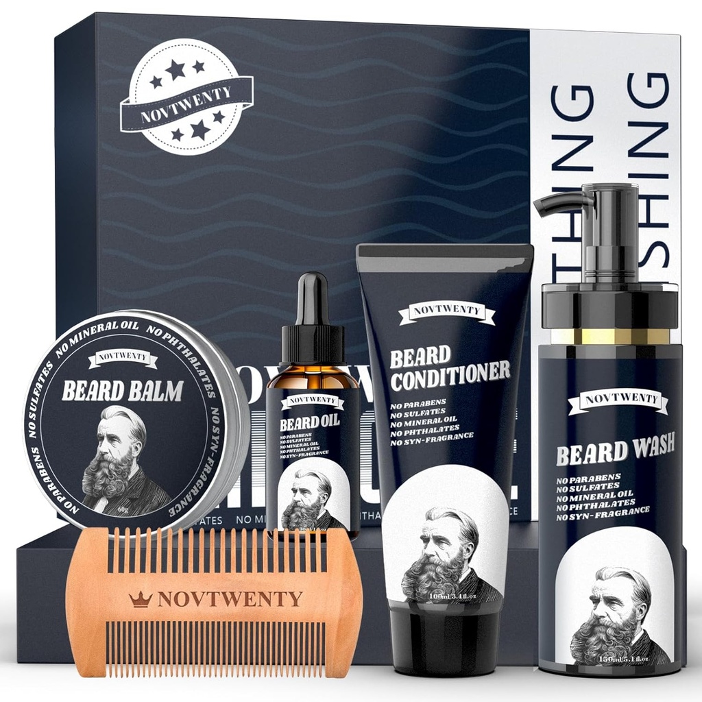 Beard Growth Kit - Mobiuts Men 's Beard Care Kit with Natural Ingredients, obejmuje Brody Wash, Beard Oil, Beard Conditioner, Beard Balm i Beard Comb, zestaw prezentów dla mężów