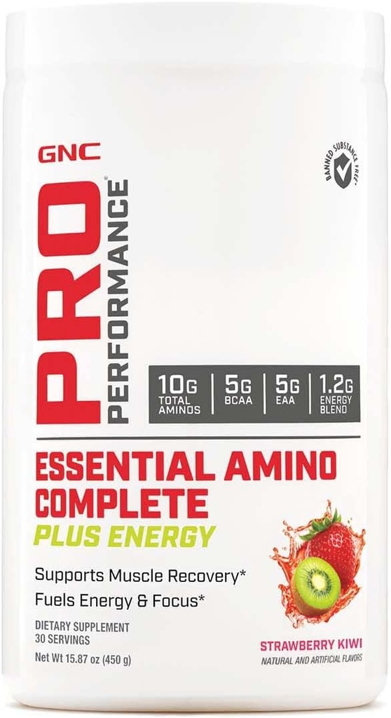 GNC Pro Performance Essential Amino Complete Plus Energy, wspomaga odzysk mięśni, Truskawki Kiwi, 15.9 oz.