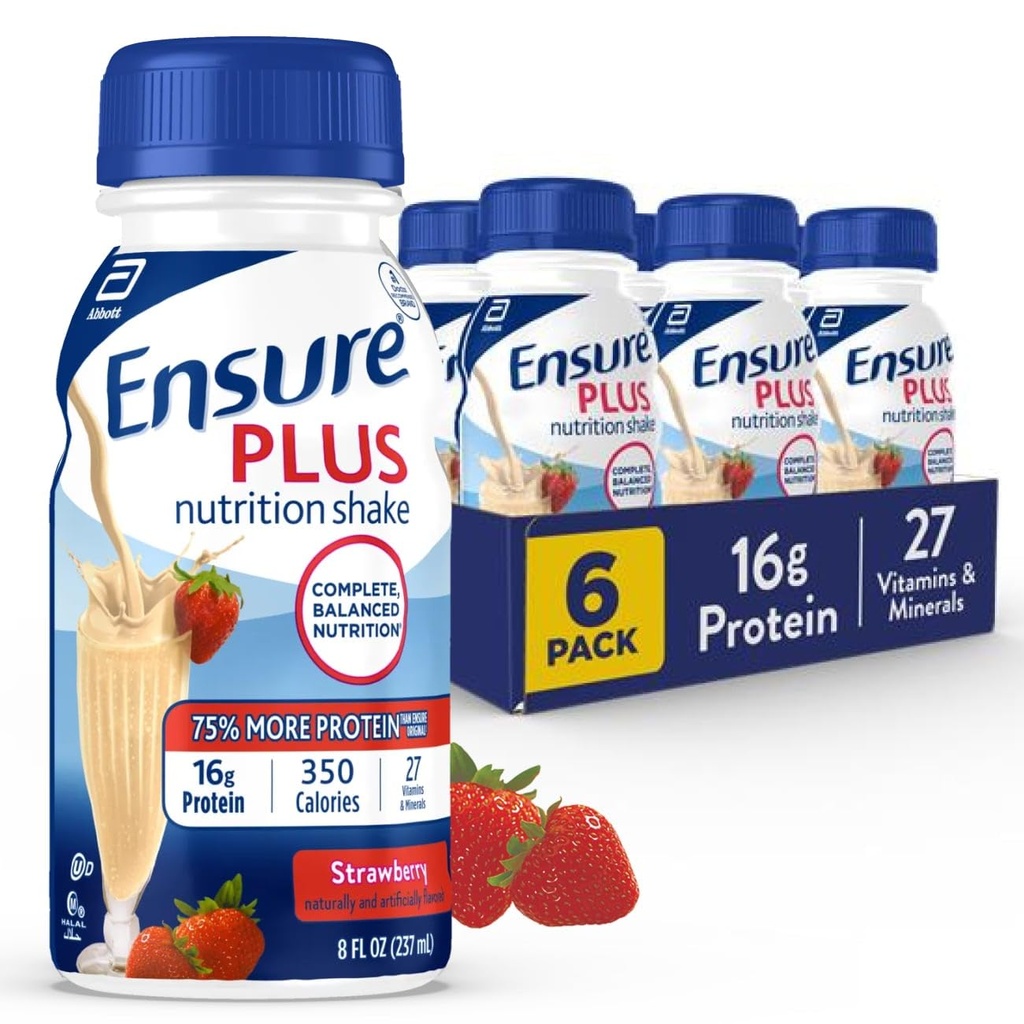 Zapewnić Plus Strawberry Nutrition Shake Hughes 124; Posiłek zastępczy Shake 'a 124; Gotowy do picia 124; 16 g białka i 27 witamin i minerałów Hughes 124; 8 fl oz - 6 opakowań