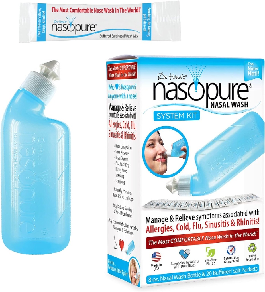 Zestaw do mycia błony śluzowej nosa, Zestaw systemowy ", Nicer Neti Pot" Zestaw do mycia zatok, Komfortowy Nasal Rinse 8 Butelka Oz & 20 Pakiety soli (3.75 Grams Each), Przekrwienie nosa, zimno, Flu, Alergia, Nasal nawadnianie