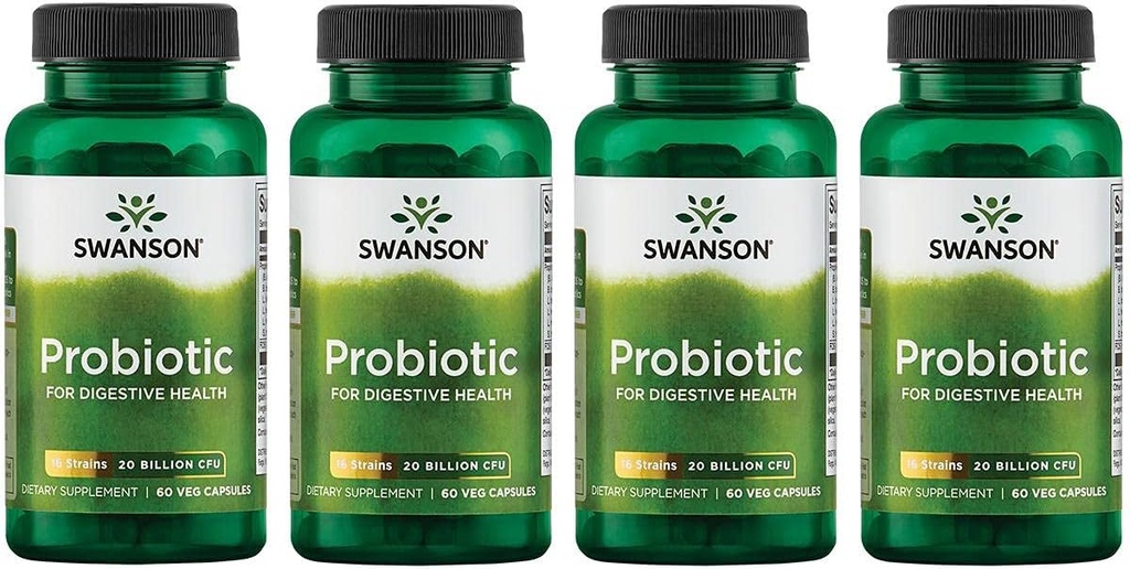 Swanson Probiotic for Digestive Health GI Tract Immune Support Travelers Support 20 Billion CFU z Prebiotic FOS 60 Veggie kapsułki (4 opakowania)