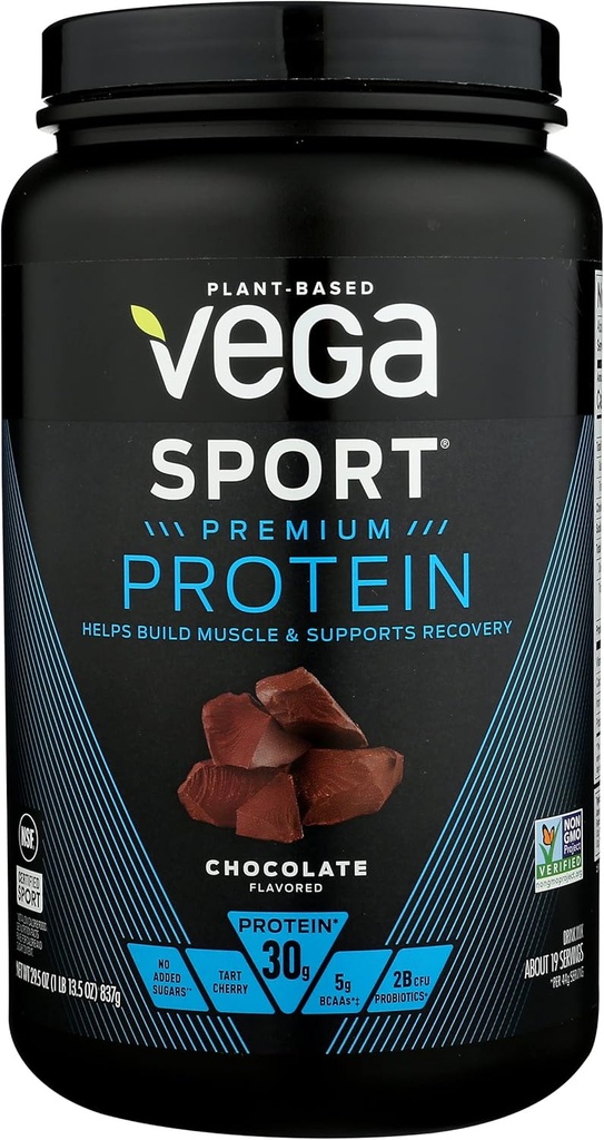 Vega Sport Premium Białko w proszku, Czekolada, Wegan, 30 g Białko oparte na roślinach, 5g BCAA, Niskie węglowodory, Brak cukru, Keto, Bezmleczny, Gluten Free & Non-GMO, Białko pea dla kobiet i mężczyzn, 29.5 Oz