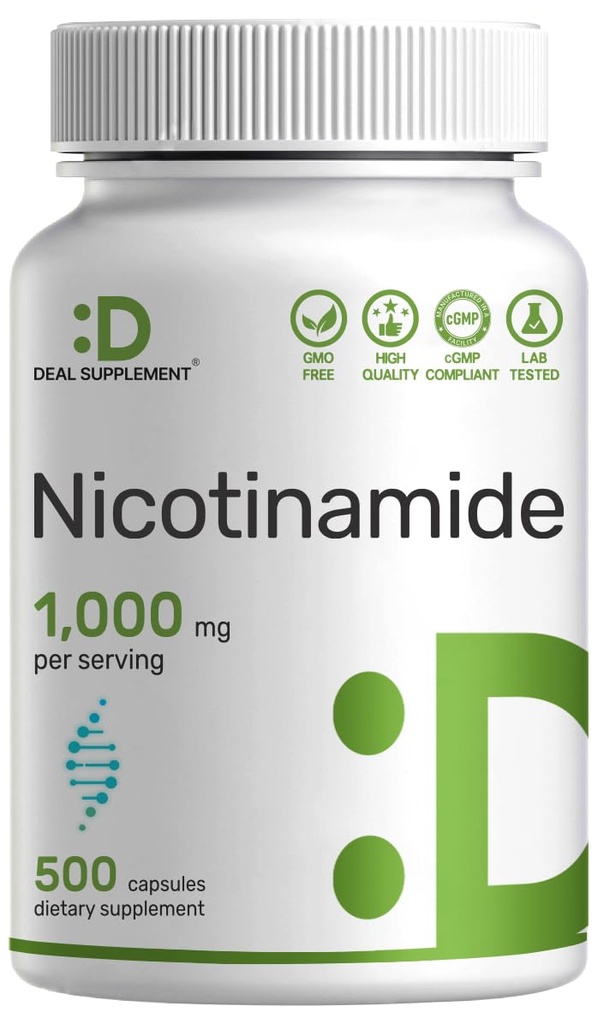Witamina B3 Nikotynamid 1 000 mg na Podawanie - 500 Kapsułek, Bezfluszowa Niacyna, Esential B3 - Wspiera zdrową produkcję skóry i energii - NieGMO