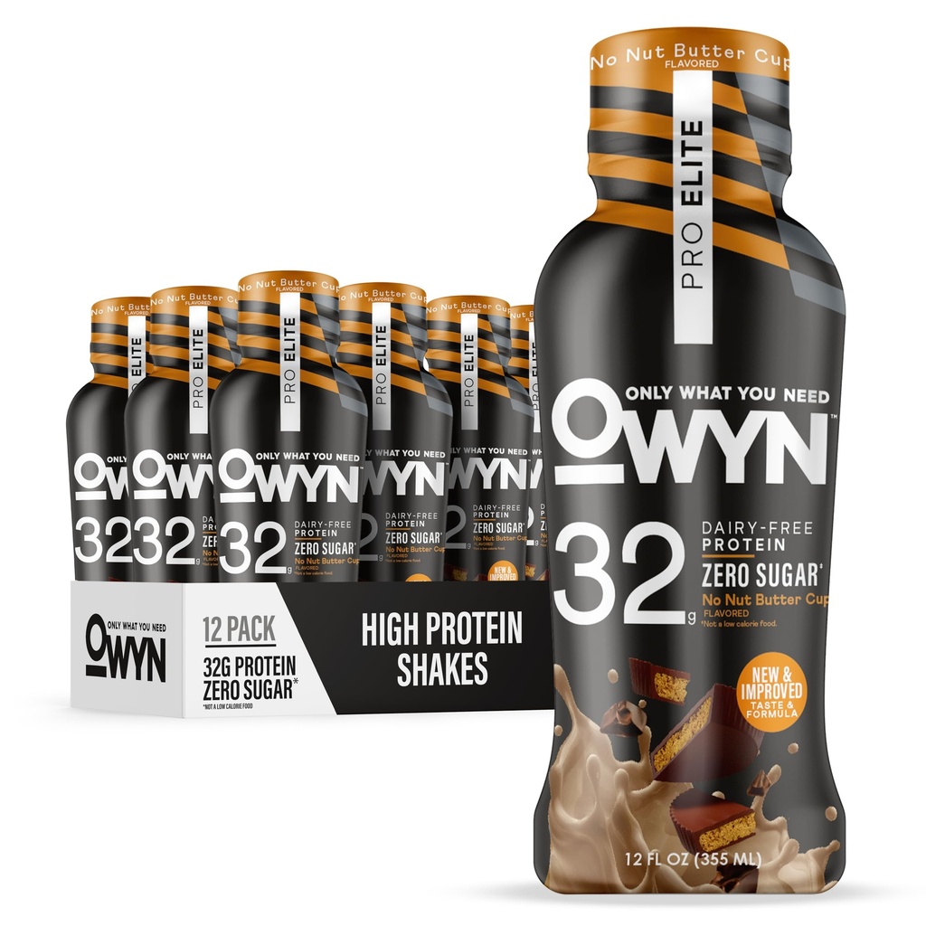 OWYN Only What You Need Pro Elite Vegan Plant Based High Protein Keto Shake, No Nut Butter Cup, Zero Sugar, 32g Protein, Omega-3, Prebiotyki, Superfoods Zielone do treningu i odzyskiwania, 0g Węglowodory netto