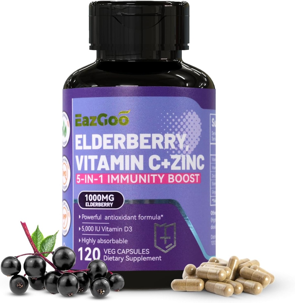Sambucus Elderberry z cynku i witaminy C - 5 w 1 Suplement wsparcia immunologicznego, Non-GMO, 120 Kapsułki wegetariańskie, 2 miesiące dostaw