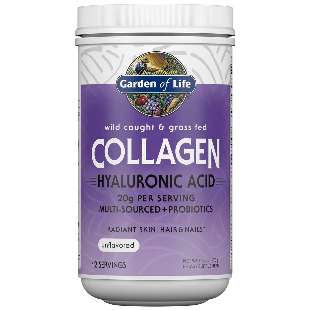 Ogród Życia Marine & Grass- Fed Colagen Peptydes Powder Supplement (Typ I, III) z Probiotyki, BCAA & Kwas hialuronowy do promiennych włosów, skóry i paznokci - Unflavored, 20g na serwis, 12 Służenie