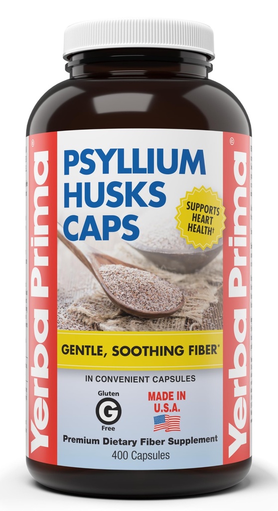Yerba Prima Pyllium Husks Caps, 625 mg, 400 Kapsułki - Naturalny włókno dla mężczyzn i kobiet - Suplement do Regularnego Wsparcia