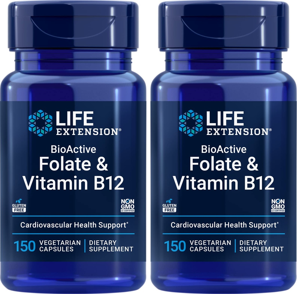 Life Extension BioActive Folate & Witamina B12, 150 Kapsułki wegetariańskie (Opakowanie 2), Nie GMO, Gluten Free