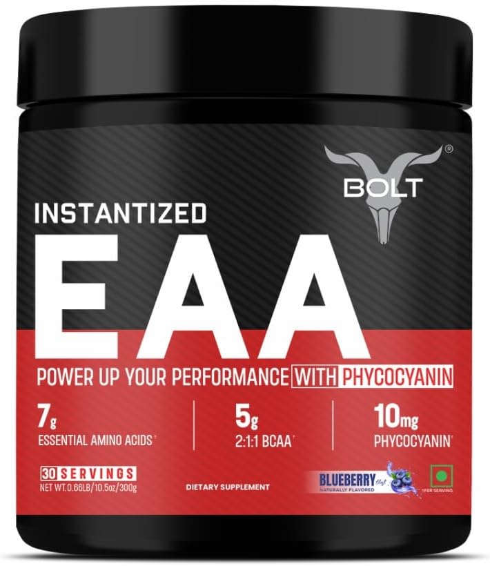 Bolt EAA 300gm, 30 Służenie 124; Dziewięć Esential Amino Acid z BCAA 5000 Acid 124; Suplement EAA dla mężczyzn i kobiet - Blueberry Blast