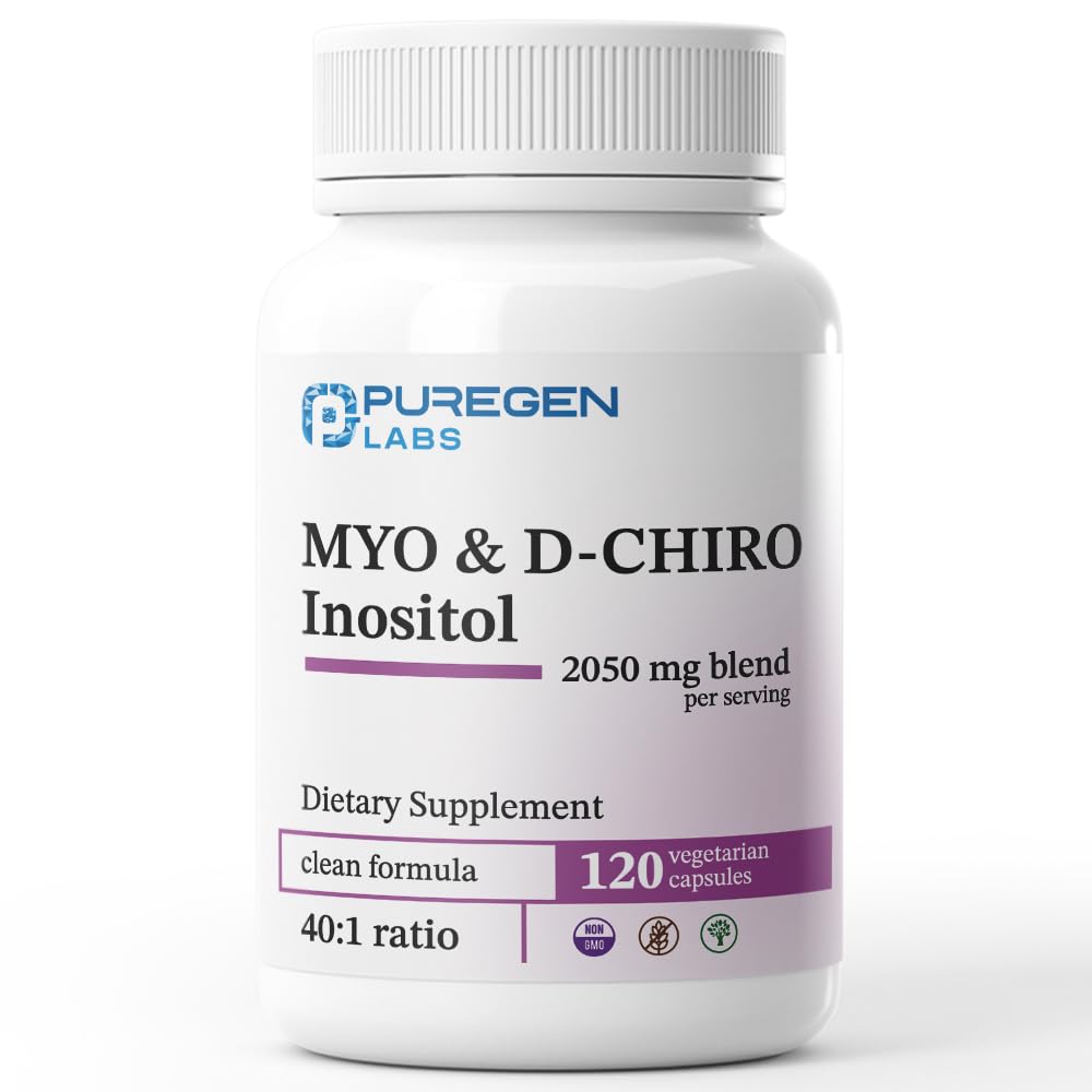 Puregen Labs Inositol Supplement Supplement Supplement 124; Myo Inositol & D- Chiro Inositol 2050mg - 120 Veggie Caps Bird124; No Harmful Additives Bird124; Non-GMO, NO Gluten and Dairy - Made in USA