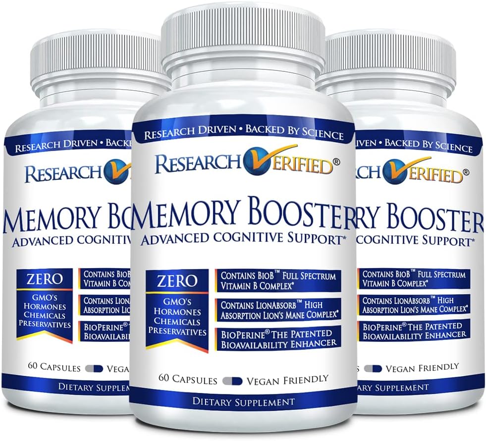 Research Verified Memory Booster - Suplement nootropowy - Wzmocnienie Cognition and Memory - Lwie Mane, Ginkgo Biloba, BioPerine - 3 Miesiąc Dostawy - Non-GMO - Made in The USA