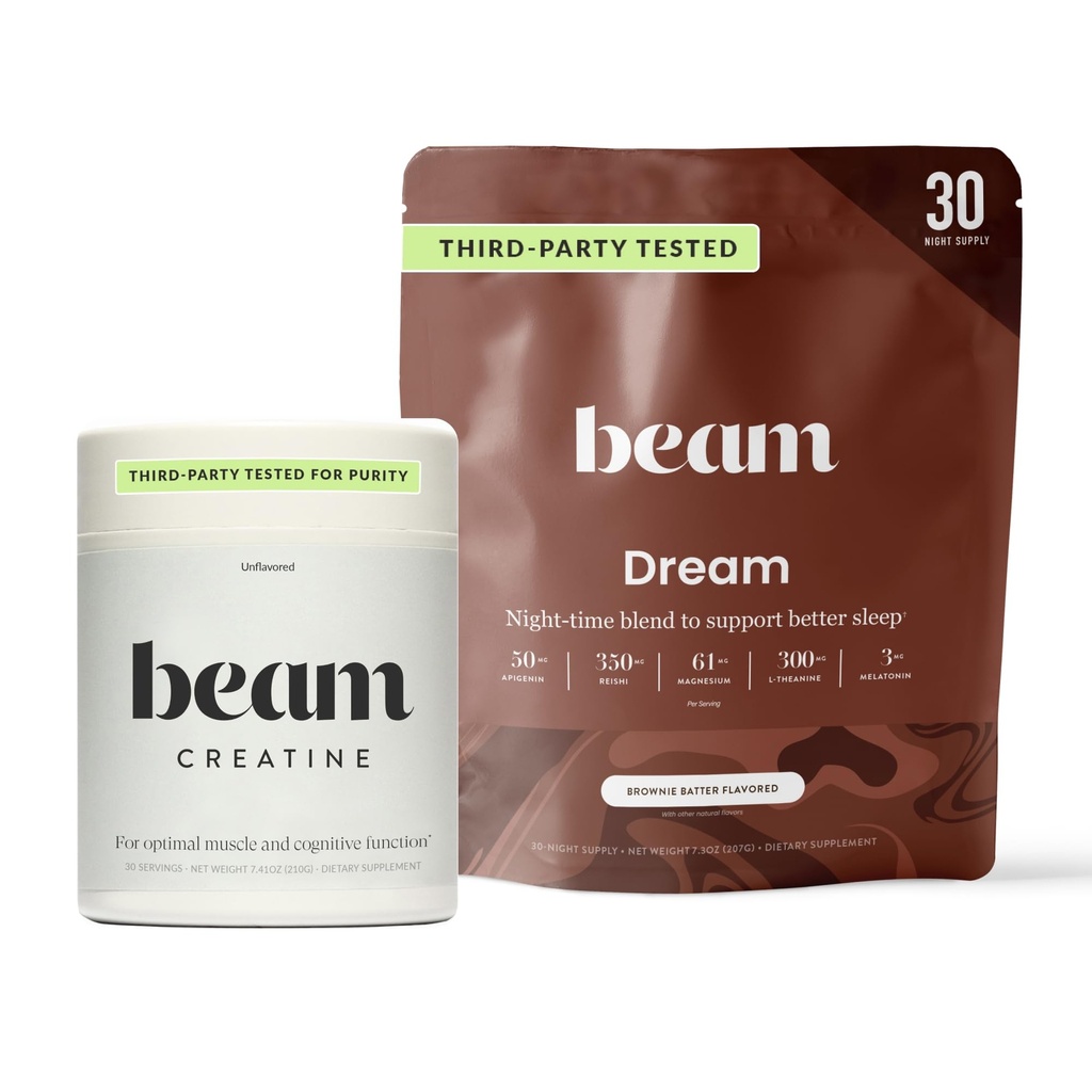 Beam Dream Sleep Powder & Creapine Bundle, Strona trzecia Tested Natural Sen Assistance & Recovery Supplement with Micronized Creatine Monhydrate, Unflavored Pure Creatine Powder for Muscle Strength, Energia