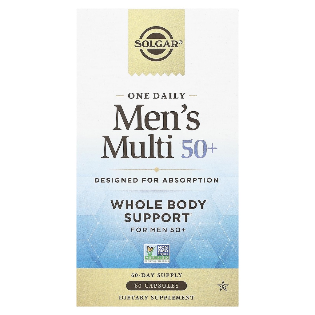 Solgar One Daily Men 's Multi 50 + Whole Body Support for Men 50 i Starsze Absorbowalne Opóźnione uwolnienie serca, Energia, Stres, Mięśnie, Kości, Prostate Support Witamina 60 Kapsułki wegańskie, 60 Służenie