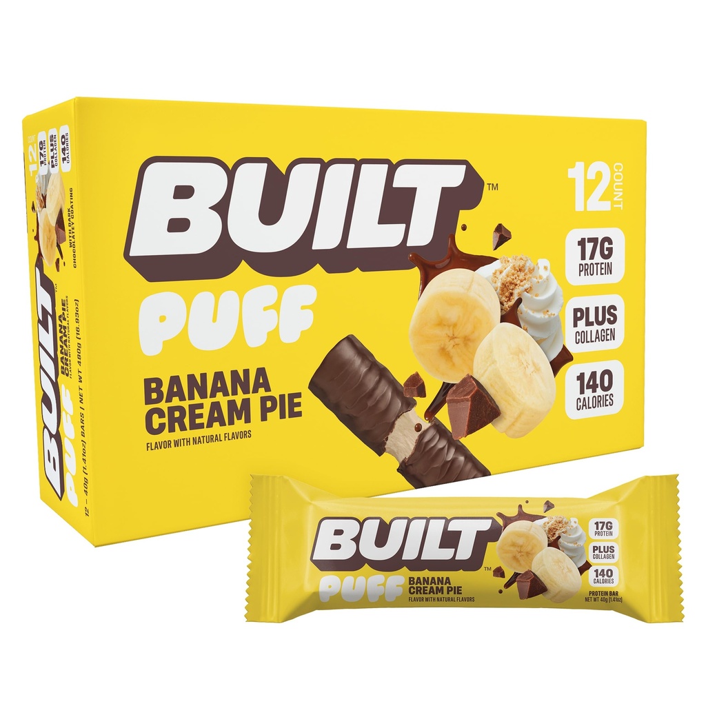 Built Bar, Puff Protein Bars, Banan Cream Pie Puff, 17g Protein Snacks, On- The- Bary, Tylko 140 Kalorii, 6g Sugar, Collagen, Gluten Free, 12 Hrabia