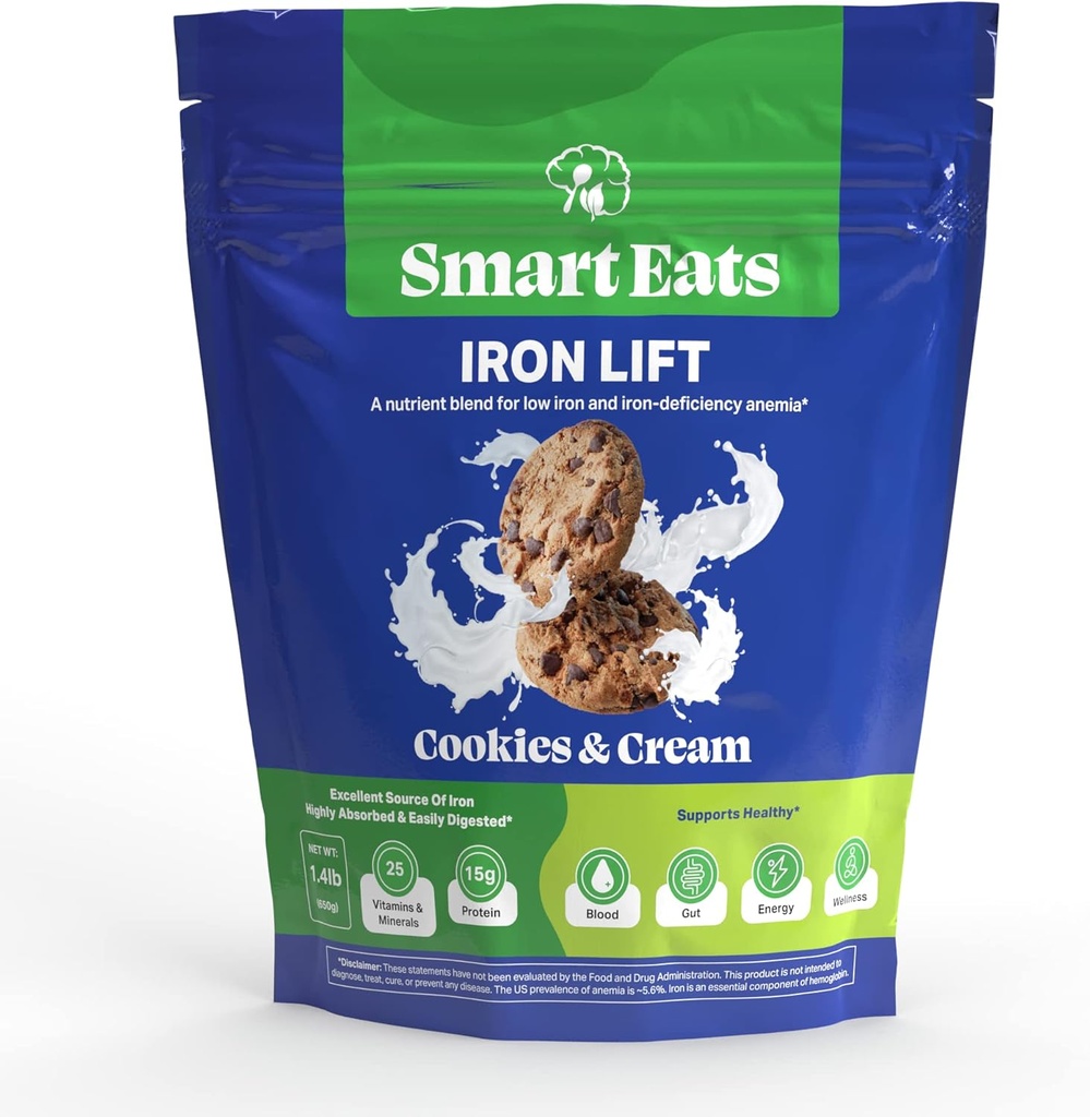 Smart Eats Iron Lift | Powder Iron Supplement | More Energy | Gentle Iron | Support Hair, Skin, Digestion | Great for Kids & Adults | Makes Tasty Drinks/Smoothies | Cookies & Cream | 30 Scoops