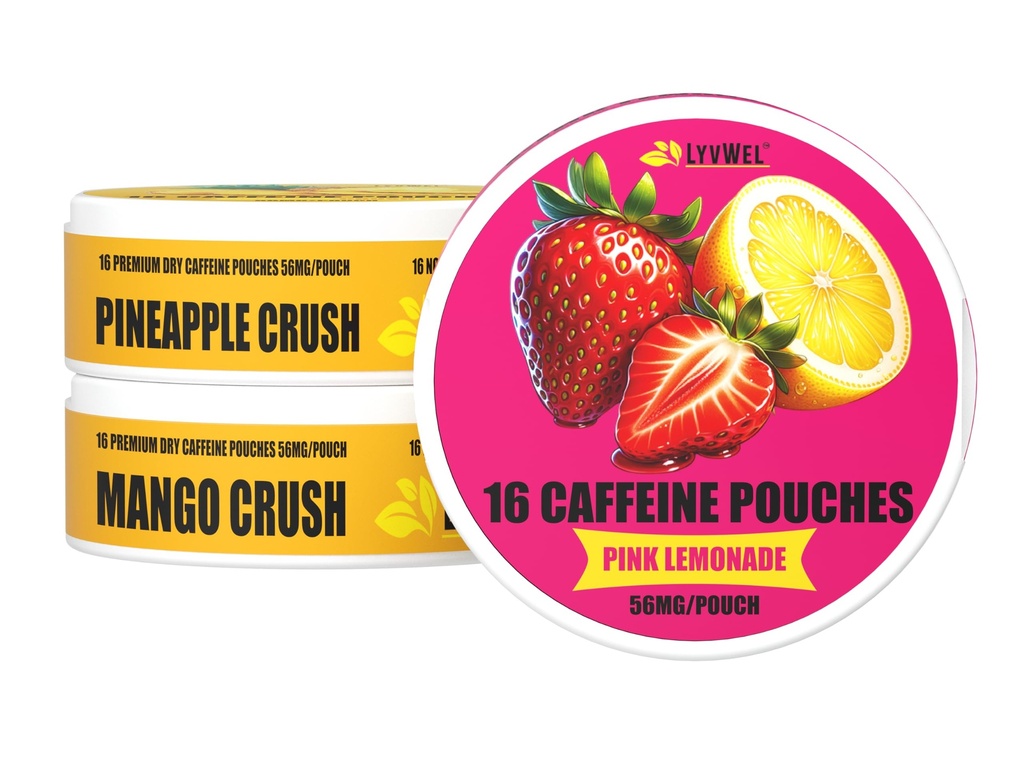 LyvWel 56mg Kofeina Pouches Energy - Pink Lemonade, Ananasowa Crush, Mango Crush - Fruity Clean Energy & Focus Boost with Guarana - 3- Pack Sampler (48 Total Pouches)