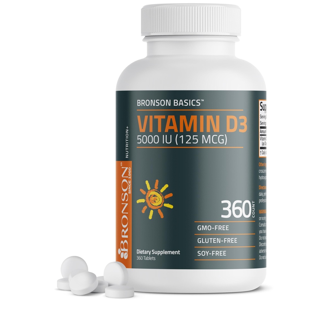 Bronson Witamina D3 5000iu (125mcg) 1 Rok Dostawa dla Zdrowego Mięśnie Funkcje i Wsparcie immunologiczne, Nie- GMO, 360 Tabletki