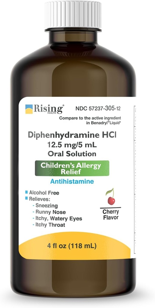 Rising Health - Allergy Relief Liquid Medicine with Diphenhydramine HCl 12,5 mg / 5 ml - Syrop alergiczny dla dzieci na objawy takie jak runny nos, swędzące oczy & więcej - Cherry Flavor - 4 fl. oz
