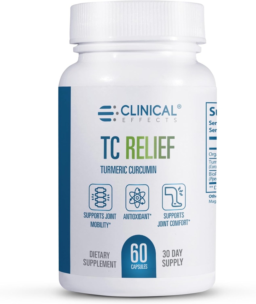 Skutki kliniczne TC Relief - Kurkumina kurkuminowa z Bioperine Black Pepper - Joint Supplement for Comfort and Mobility - 60 kapsułek