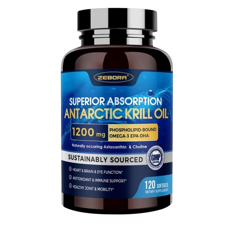 Kryl Oil 1200 mg Suplement Omega 3, Kryl Omega 3 z wysoką absorpcją EPA, DHA, Astaksantyna i fosfolipidy, Wspomaga serce i wspólne zdrowie, No Fishy Aftersmast - 120 Softgels (60 Sług)