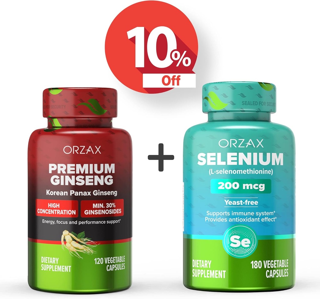 ORZAX Premium Ginseng 120 Kapsułki wegetariańskie i Selenium 200 Mg 180 Kapsułki wegetariańskie, Bundle