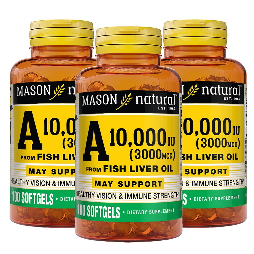 MASON naturalna witamina A 3000 μg (10 000 j.m.) z oleju z wątroby ryb, Wspiera Vision & Immune Health, 100 Softgels, Opakowanie po 3
