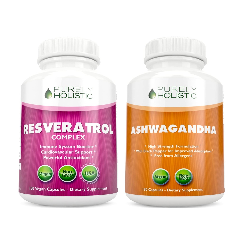 Perfumy Holistic Resveratrol 1450mg + Organic Ashwagandha 1300mg & Black Pepper - Wegan Bundle - 180 + 180 Kapsułek - Pakowane z mocnymi antyoksydantami - Made in USA