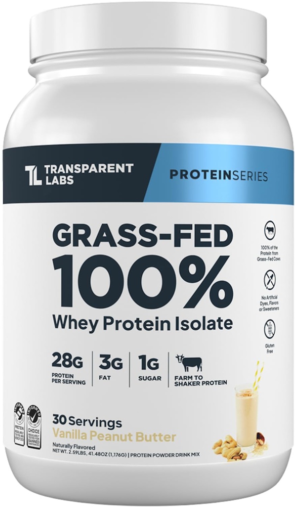 Transparent Labs Grass- Fed Protein Isolate - Natural Flavored, Gluten Free Whey Protein Powder z 28g protein per Serving & 9 Amino Acids - 30 Służenia, Wanilia Peanut Masło