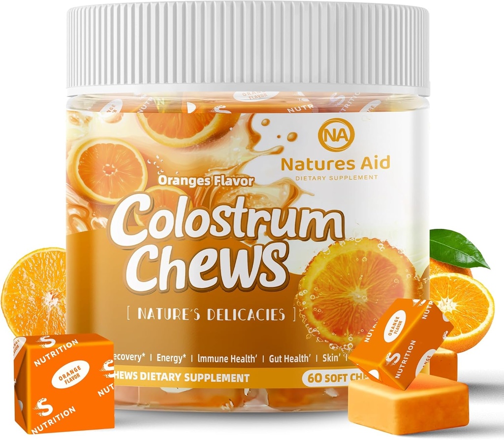 Colostrum Chews Supplement with probiotics for Gut Health, Bloating, Immune Support, Skin, Hair Growth and Beauty - Orange Flavor (60 Servings)