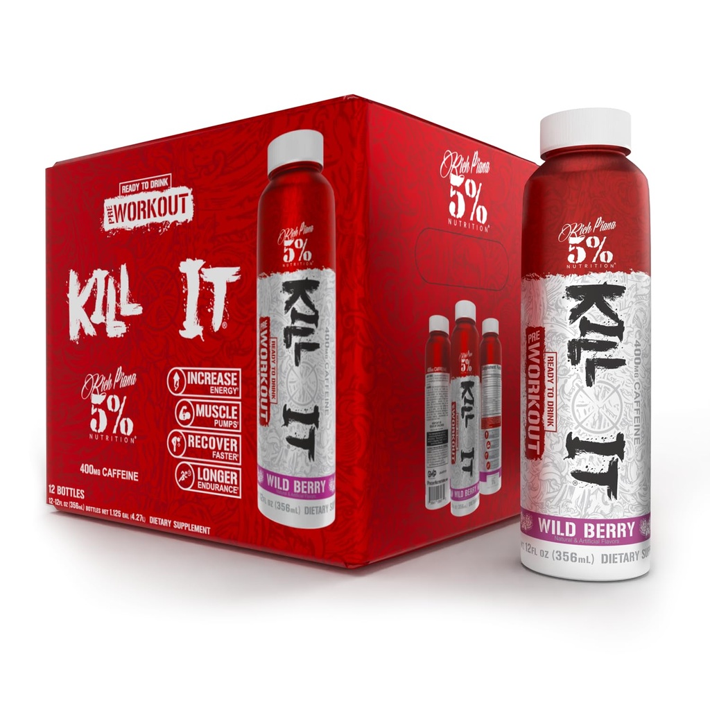 5% Nutrition Kill It Ready- to- Drink High Stim pre Workout 124; 400mg Cafeline Energy Drink 124; Extreme Pump, Endurance, Focus & Hydration Agregable 124; Citruline, Beta Alanine, Tauryna Agregat 124; 12 Pack (Wild Berry)