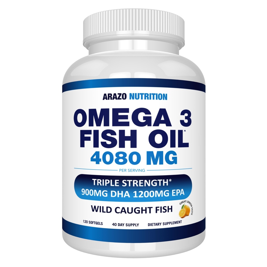 Arzo Nutrition Wild Caught Omega-3 Fish Oil Concentrat - 4,080mg per Serving - High EPA 1200mg & DHA 900mg - 120 Burpless Lemon Softgels