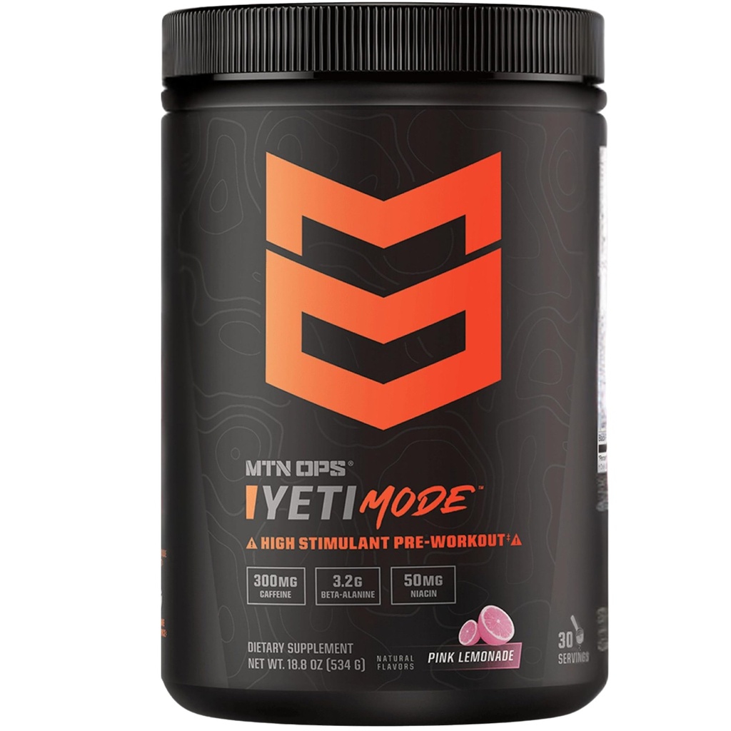 MTN OPS Yeti Mode Pre- Workout Powder - Wysokostymulant wybuchowy z 300 mg kofeiny, Monowodzian kreatyny, Beta- Alanina i 45mg Niacyna - Różowy Lemonade Flavor w 30 Tub Serwowania