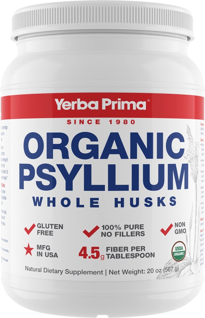 Yerba Prima Organic Psyllium Whole Husks Colon Cleanser - 20 oz - Natural Daily Dietary Fiber Supplement 20oz, Colon Cleanser, Regularność & Detox Cleansing Support, Gluten Free, Non GMO, Vegan