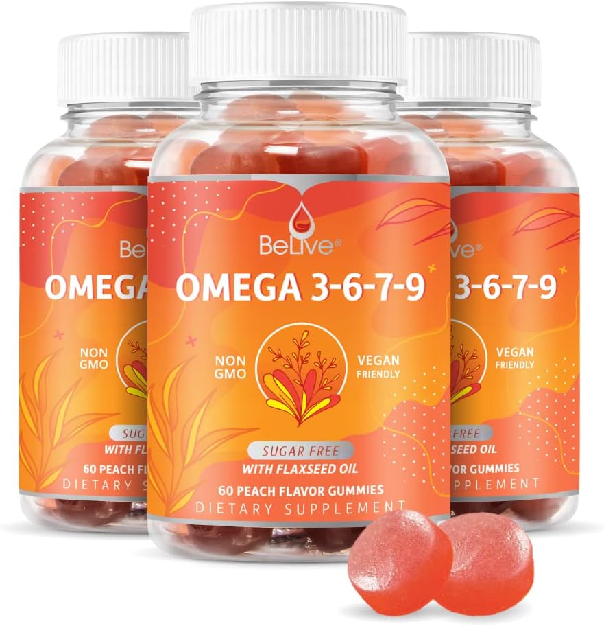 BeLive Organic Omega 3 Gummies - Omega 3 6 9 7 DHA & EPA z oleju lnianego i oleju z Buckthorn Sea, Wegan, dla dzieci i dorosłych, Pełne ciało, Mózg i wsparcie oczu, Cukier wolny - Brzoskwinia 124; 3Pack