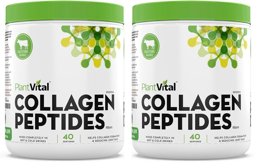 Plantvital Pure Collagen Peptydes Proszek - 100% Trawa karmiona Collagen Proszek - Nie-GMO, Paleo Friendly - Rozpuszczanie, Unflavored, Made in USA. 40 Służenie 400g - Opakowanie 2