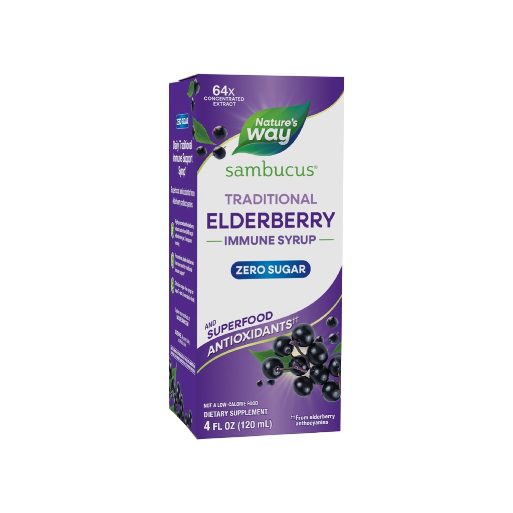 Nature 's Way Sambucus Zero Sugar Tradycyjny syrop immunologiczny, Wysoce skoncentrowany ekstrakt z czarnego borówki, Tradycyjne wsparcie immunologiczne *, z Superfood Antioksydants (1), 4 Fl Oz (Packaging May Vary)