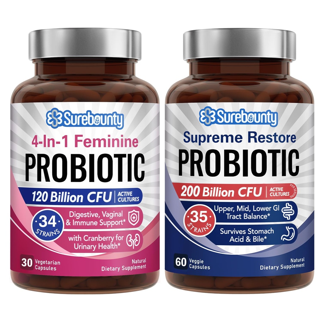 Probiotic Bundle, 4- in-1 Feminine Probiotic (30ct) & Supreme Restore Probiotic (60ct), 2 opakowania, Żurawinowe wsparcie waginalne, GI Tract Balance, Wegan, Non-Dairy