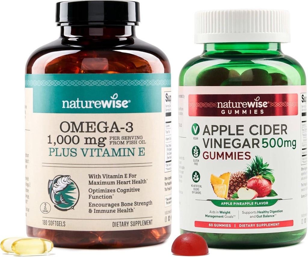 NatureWise Omega-3 Fish Oil 1000mg z E 180- Count + Apple Cider Gummies Vinegar 500mg z B12, 60- Count (Vegan Gummy) - Bundle for Heart, Eye, Digestive Health - Gluten Free, Soy- Free, Non-GMO